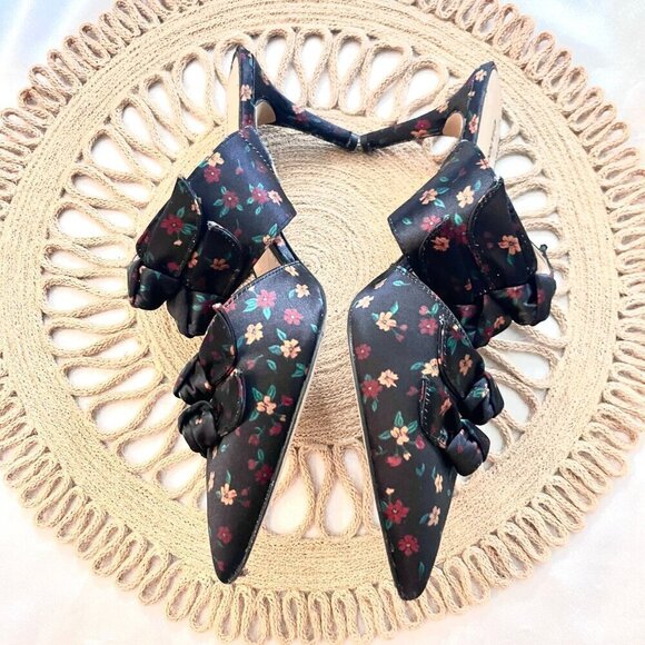 Gianni Bini Black Floral Print Twist Knot Pointed Toe Mules Size 10 - Picture 3 of 13